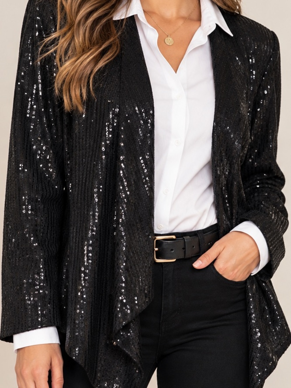 ECI Black Sequin Open-Front Blazer